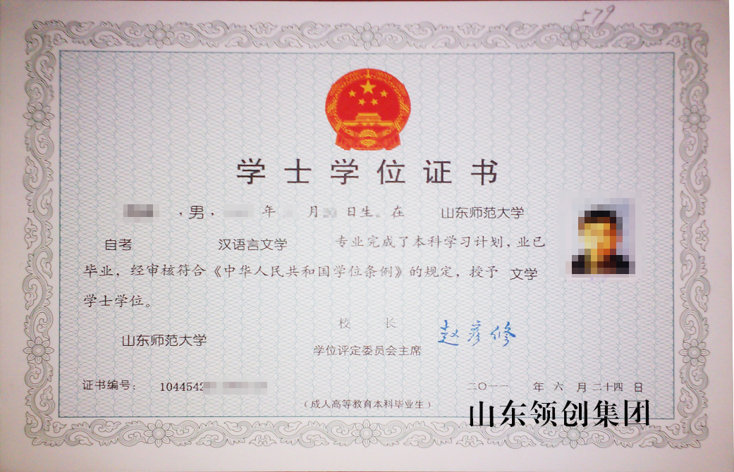山东师范大学自考本科汉语言专业学位证书样本.jpg