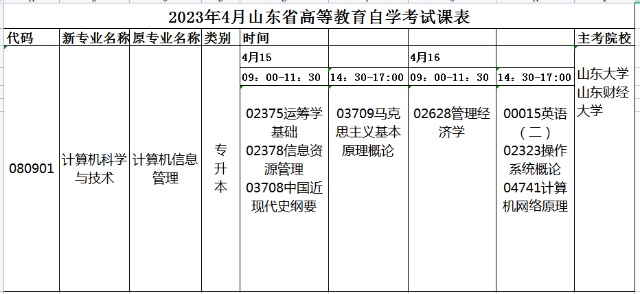 2023年4月山东自考计算机科学与技术(本科)专业开考科目安排(图1) 计算机.jpg