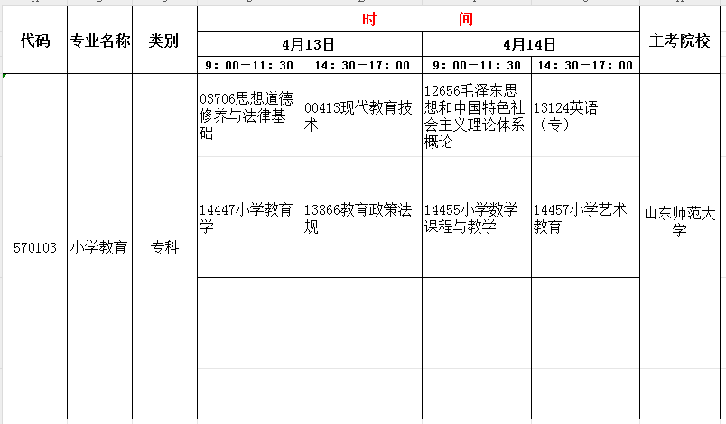 2024年4月山东自考小学教育(专)开考科目及考试时间(图1) 小学.jpg