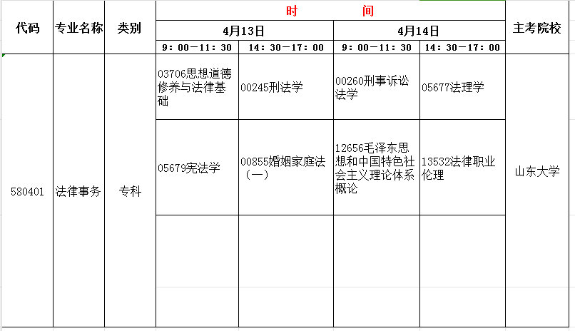 2024年4月山东自考法律事务(专)开考科目及考试时间(图1) 法律.jpg