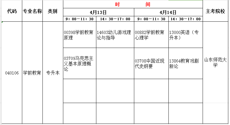 2024年4月山东自考学前教育(本)开考科目及考试时间(图1) 学前.jpg