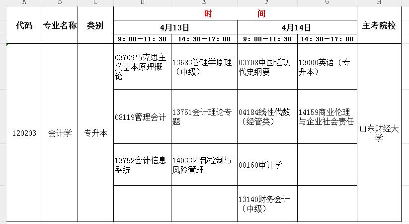 2024年4月山东会计学自考(本)开考科目及考试时间(图1) 会计学.jpg