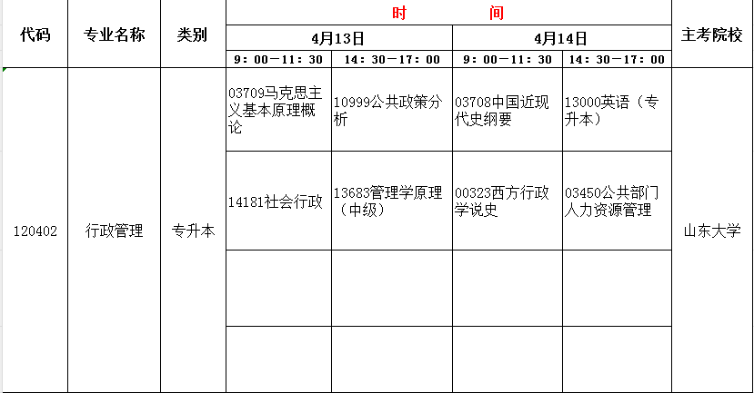 2024年4月山东自考行政管理(本)开考科目及考试时间(图1) 行政.jpg