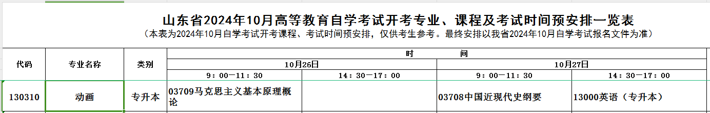 2024年10月山东自考动画专业考试时间及开考科目(图1) 动画.jpg