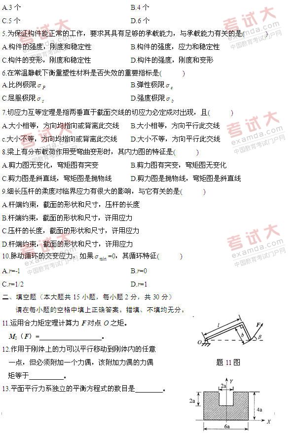 全国2011年1月高等教育自考工程力学(一)试(图2) 全国2011年1月高等教育自考工程力学(一)试(图2)